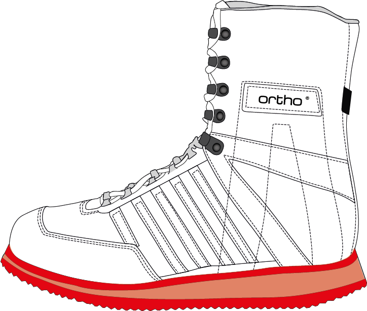 Ein weißer Kuenzli Schuhe Stiefel mit roter Sohle und stabilisierendem Design.